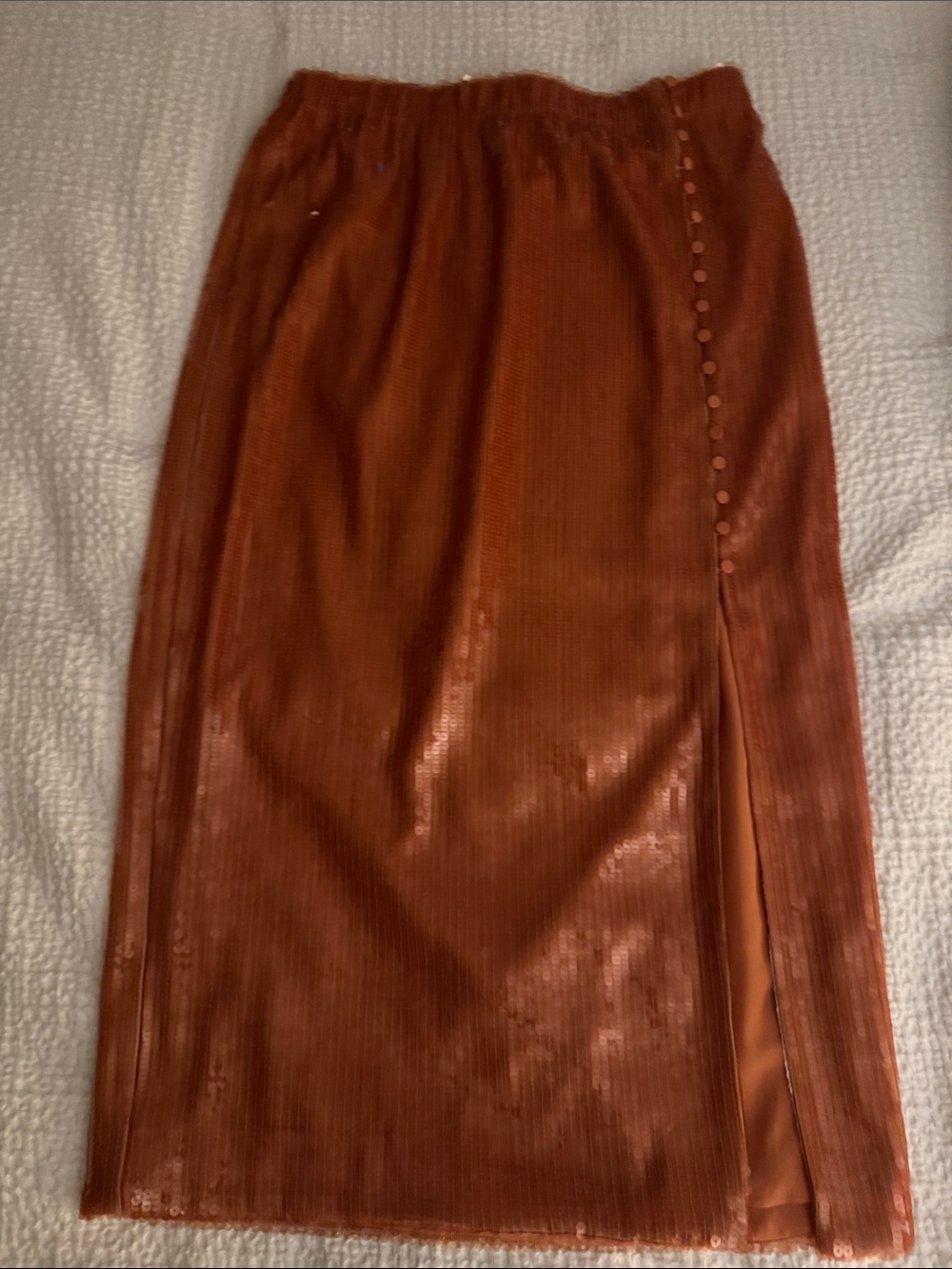 J. Crew CopperRose Gold Sequin Midi Skirt with Side Button Slit